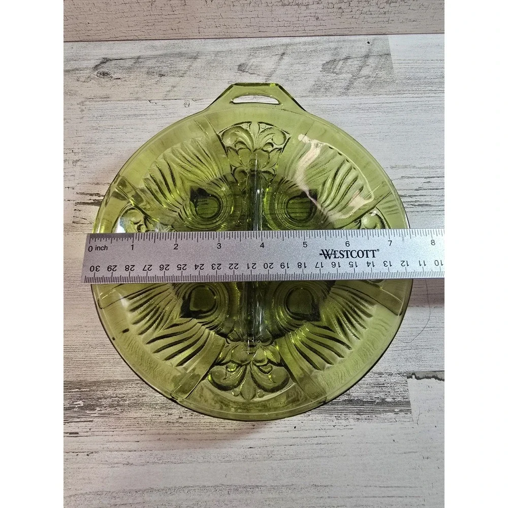 Vintage Green Pressed Glass Divided‎ Relish Dish Footed Serving Tray with Handle